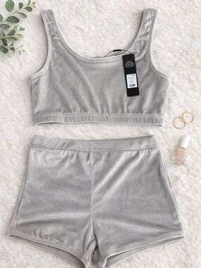 Fashion Nova Light Gray Velvet Crop Tank & Shorts Set